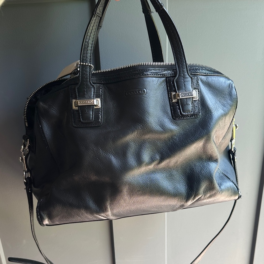 Coach Black Leather Messenger Satchel with Silver Hardware